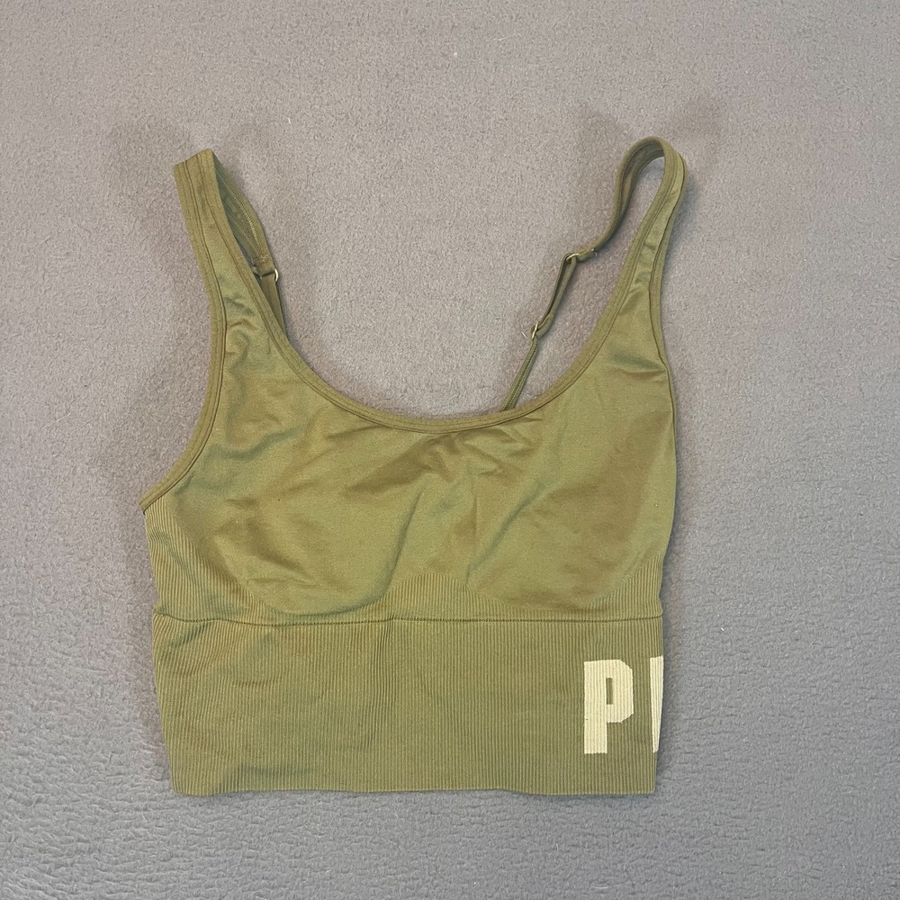 Pink  Active Sports Bra Womens Med Olive Green Spellout Gym Yoga Workout‎ Adjust